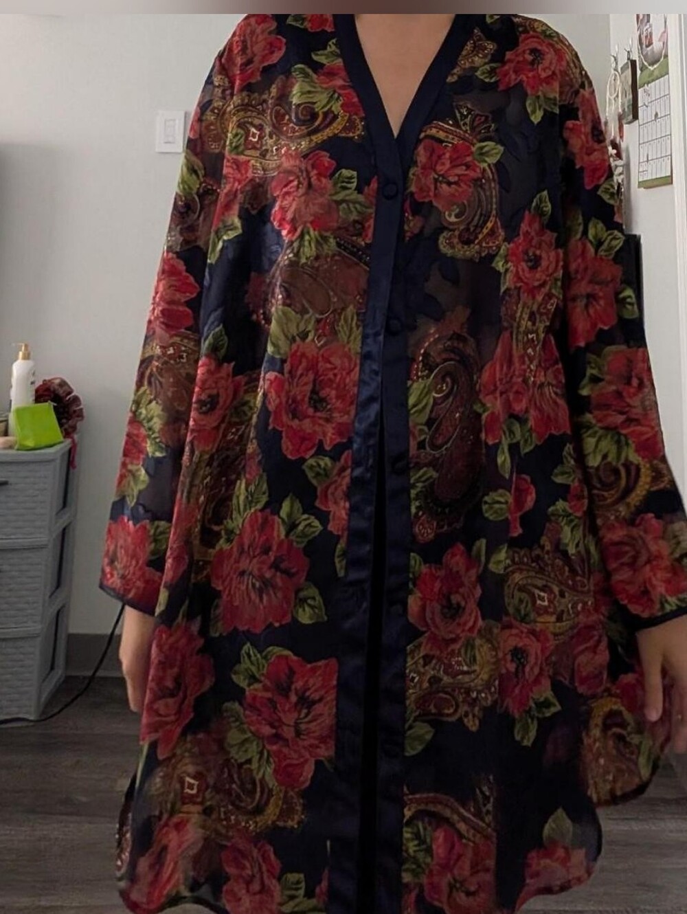 Gold Tag Victoria's Secret Navy Floral Robe with Red and Green Accents
